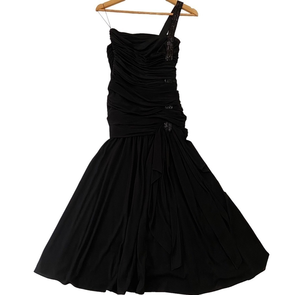 Vintage Kira cocktail dress draped dress one shoulder black beaded flattering - Picture 3 of 16